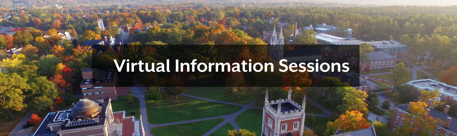 An aerial photo of Bowdoin's main quad in the fall overlaid with text that says "Virtual Information Sessions."