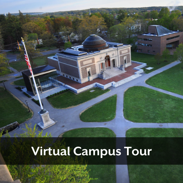 An aerial view of the Bowdoin Museum of Art with the text "Virtual Campus Tour" 